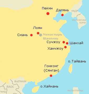 Карта туристических городов Китая